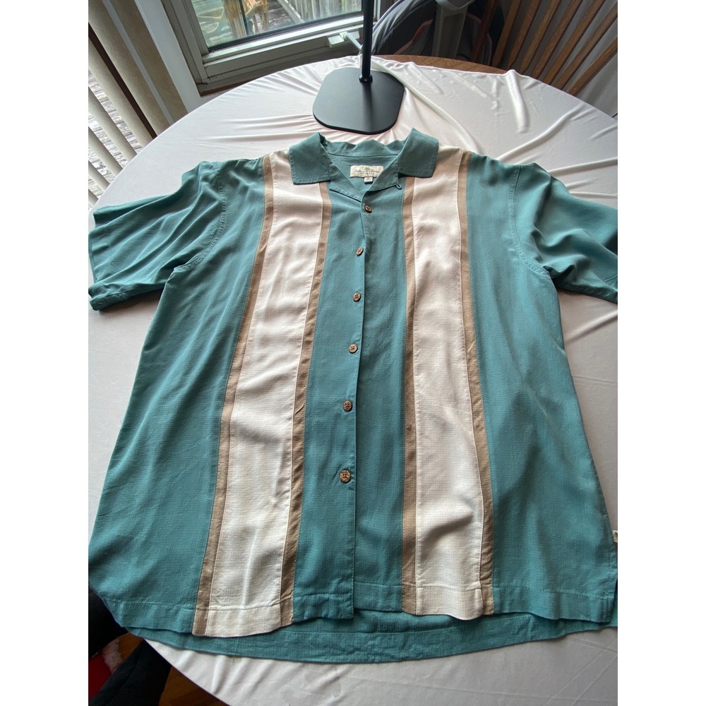 Island Shores Mens XL Washable Silk Camp Shirt Teal Blue Colorblock Button Down